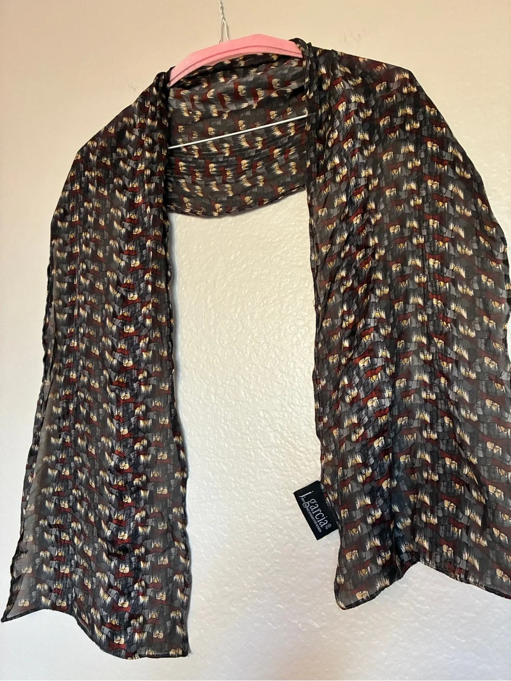 J. Garcia 100% Silk Lightweight Red/Black/White/Yellow Patterned Scarf Artsy